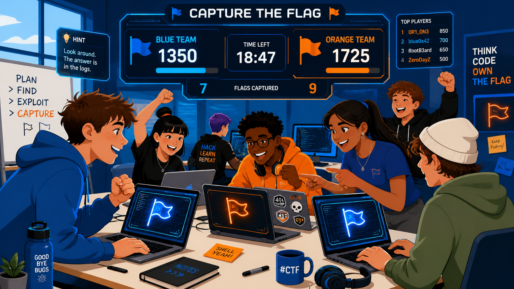 Student team competing in a kid-friendly CTF competition like CyberPatriot, solving security puzzles together