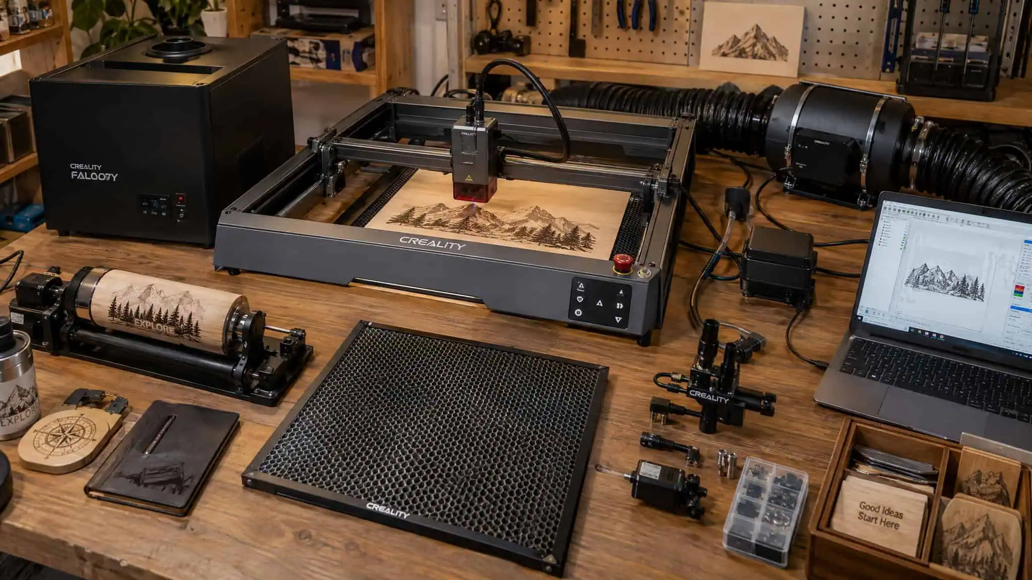 Is Laser Engraving Worth It? Break-Even Math, Hidden Costs, and the 10-15 Jobs/Month Rule 3 Complete laser engraver setup with rotary, air assist, ventilation, and software accessories