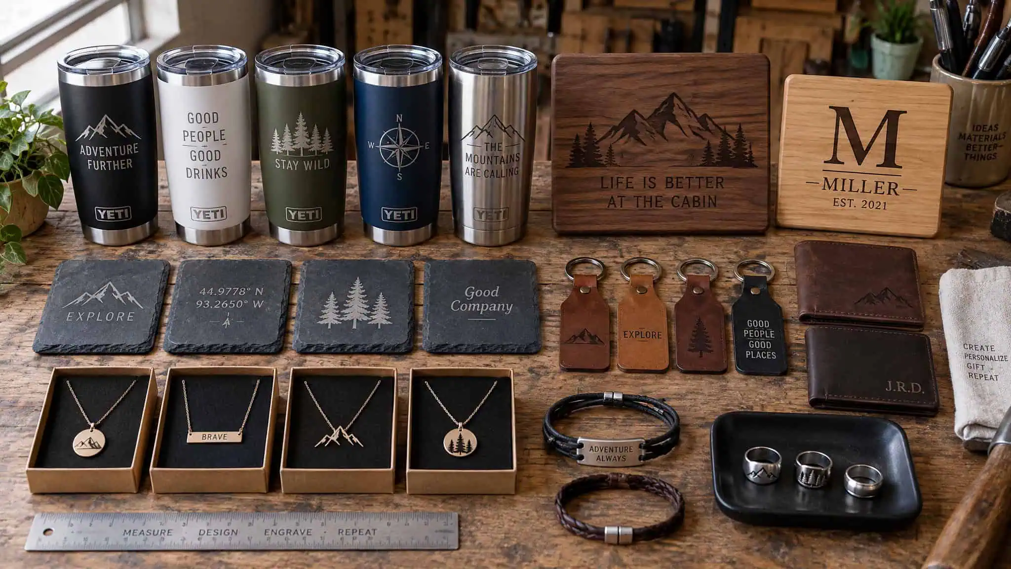 Is Laser Engraving Profitable? Why the 60% Tumbler Margin Isn't Your Business Margin 2 A variety of outdoor adventure gear including YETI tumblers, wooden signs, keychains, jewelry, and accessories for camping and hiking enthusiasts.