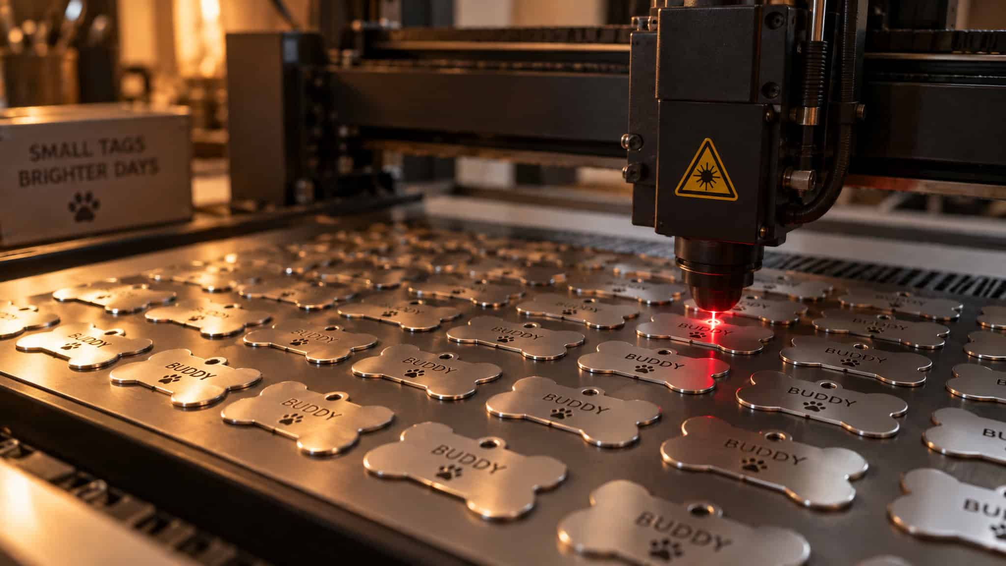 Laser Engraving vs Traditional Engraving: Tool Wear, Setup Time, and the Jobs Where Mechanical Still Wins 4 Batch laser engraving of identical metal pet tags showing high-volume production economics