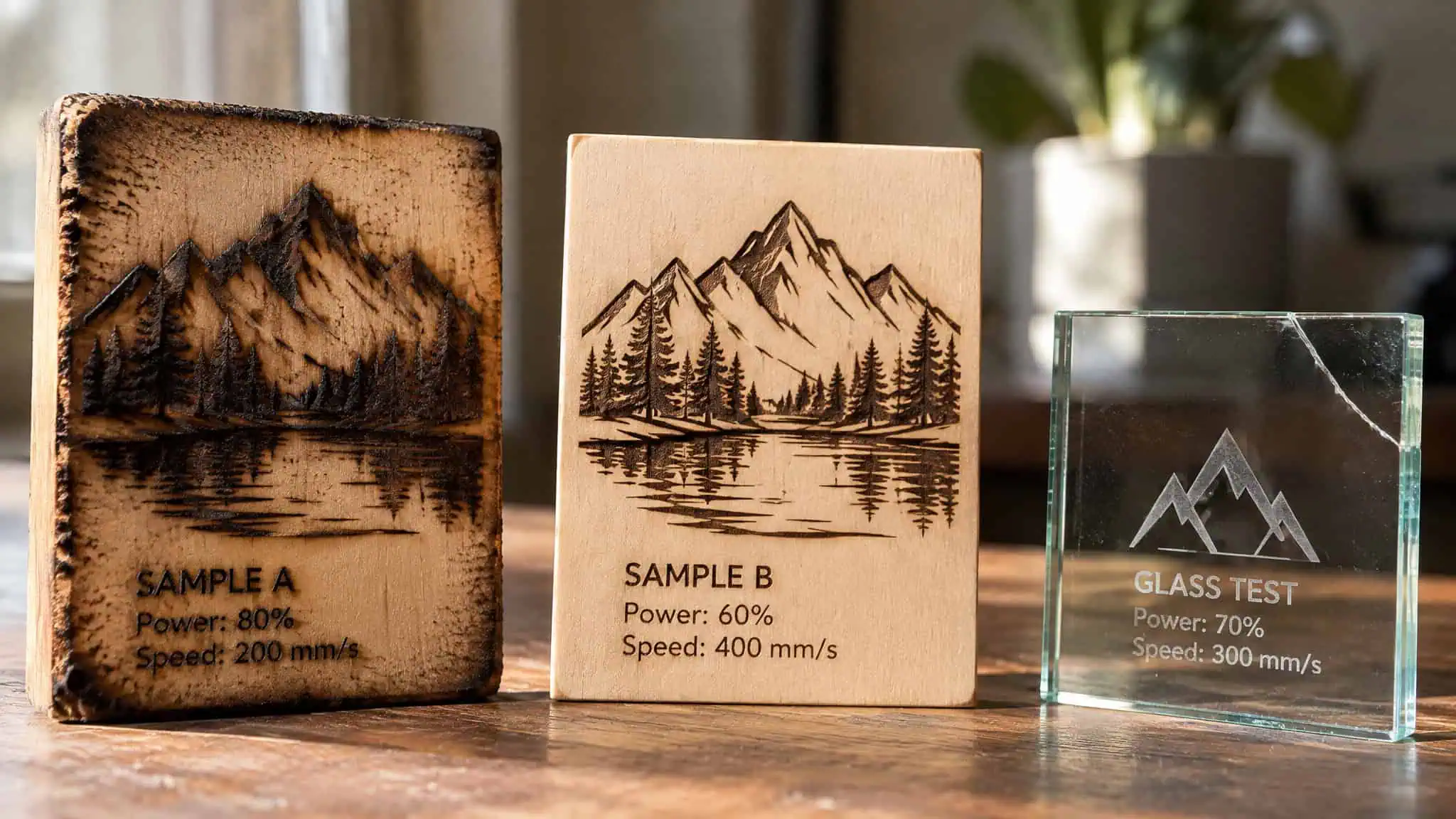 Disadvantages of Laser Engraving: The Real Costs, Fumes, and Materials Nobody Mentions 5 Scorched wood edges and a cracked engraved glass showing laser engraving finish failure modes