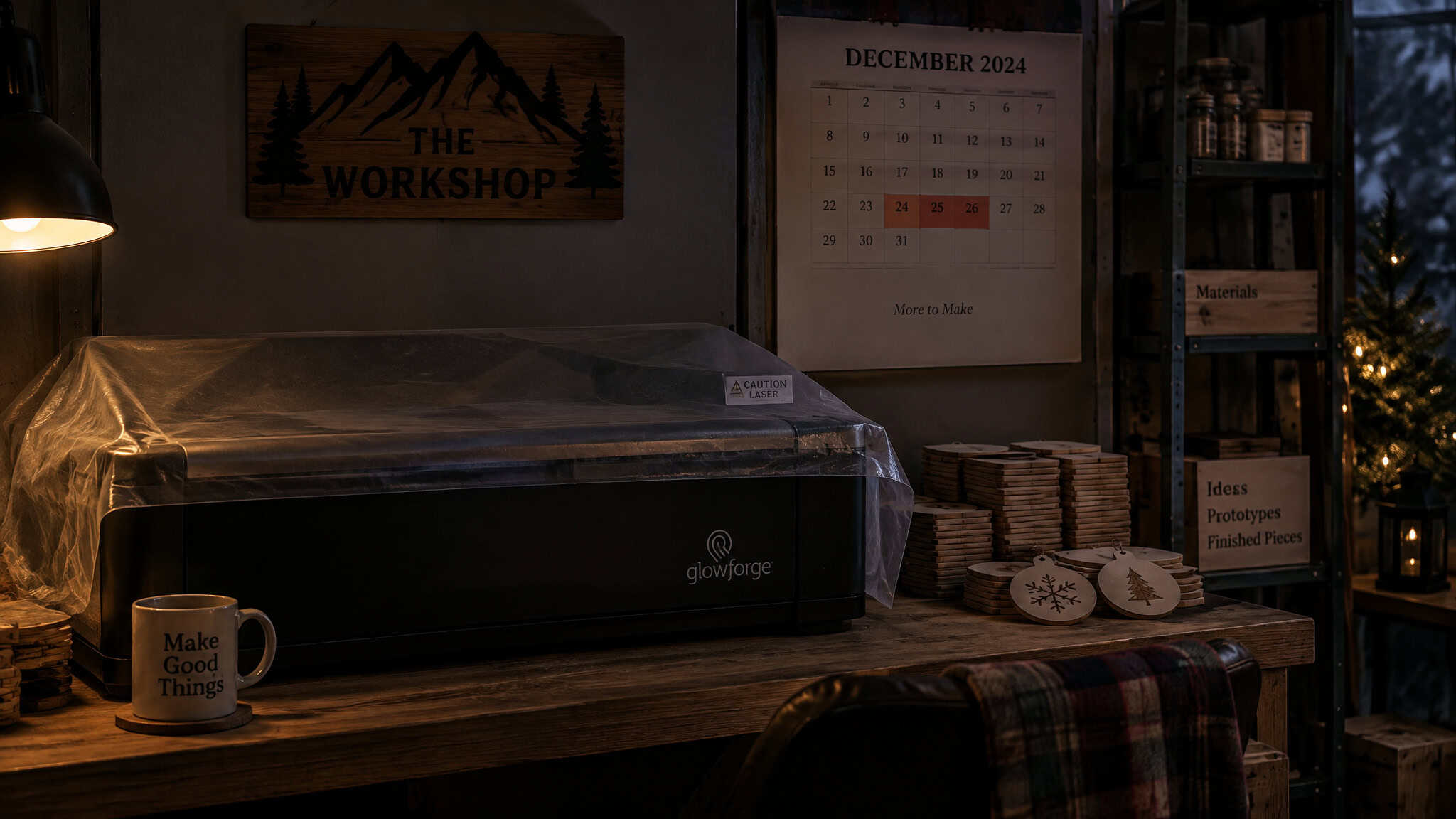 Is Laser Engraving Profitable? Why the 60% Tumbler Margin Isn't Your Business Margin 4 Cozy workshop interior featuring a calendar, wooden shelves with jars, a covered table, and warm lighting creating an inviting atmosphere.