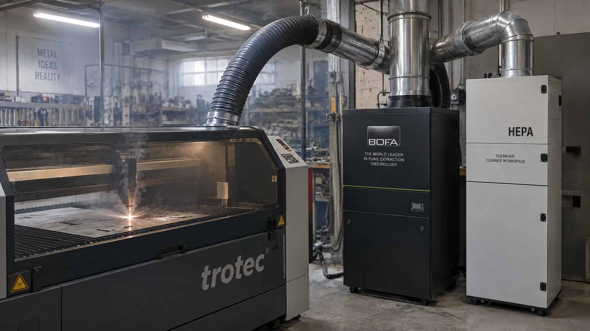 Disadvantages of Laser Engraving: The Real Costs, Fumes, and Materials Nobody Mentions 3 Charcoal and HEPA fume extraction setup filtering laser-generated air contaminants from a workspace