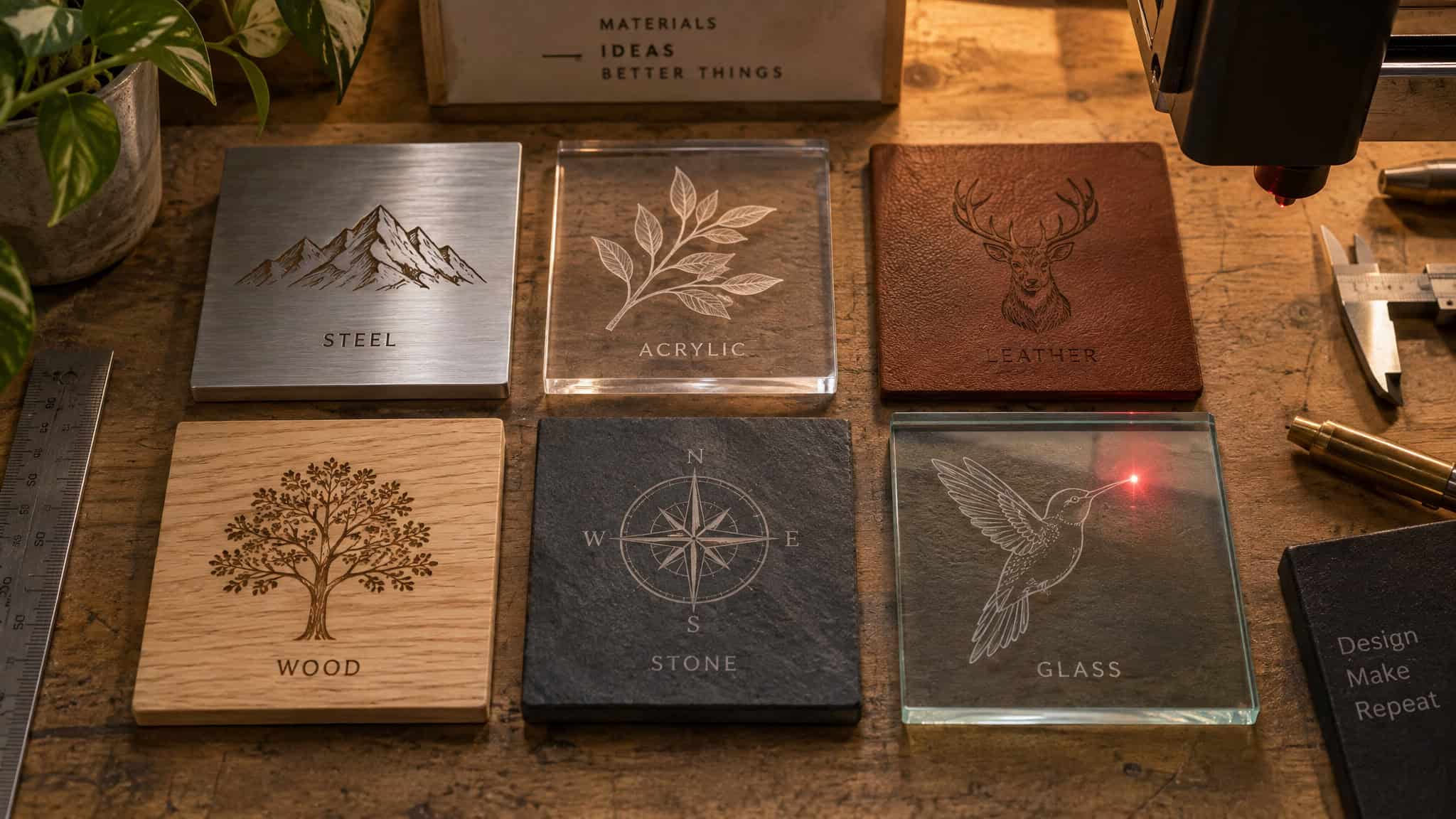 Advantages of Laser Engraving: The Numbers and Caveats Behind Every Claim 4 Engraved steel, acrylic, leather, wood and glass samples showing laser material versatility across machine types