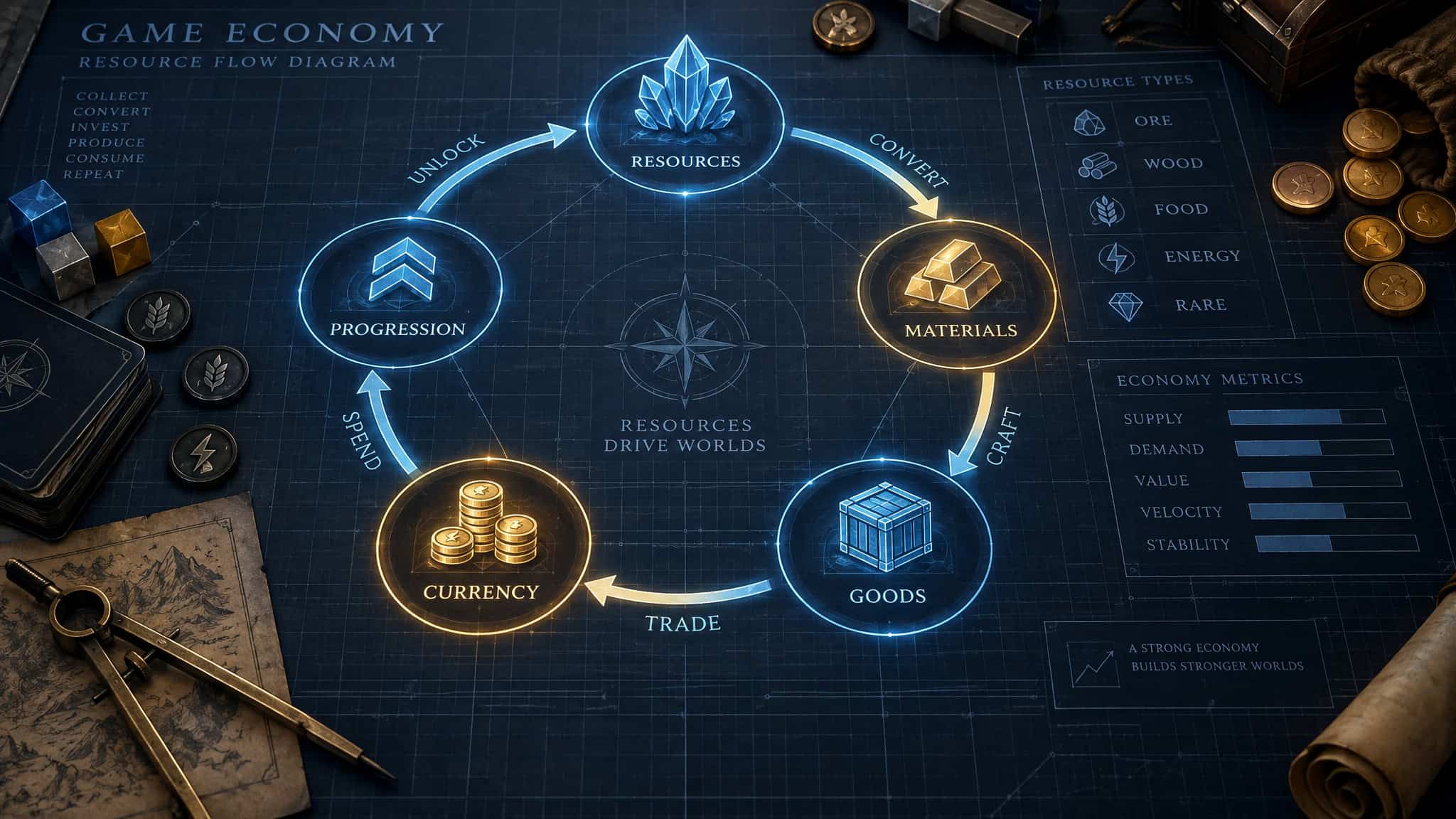 Detailed diagram illustrating the flow of resources, materials, currency, and goods in a game economy system.