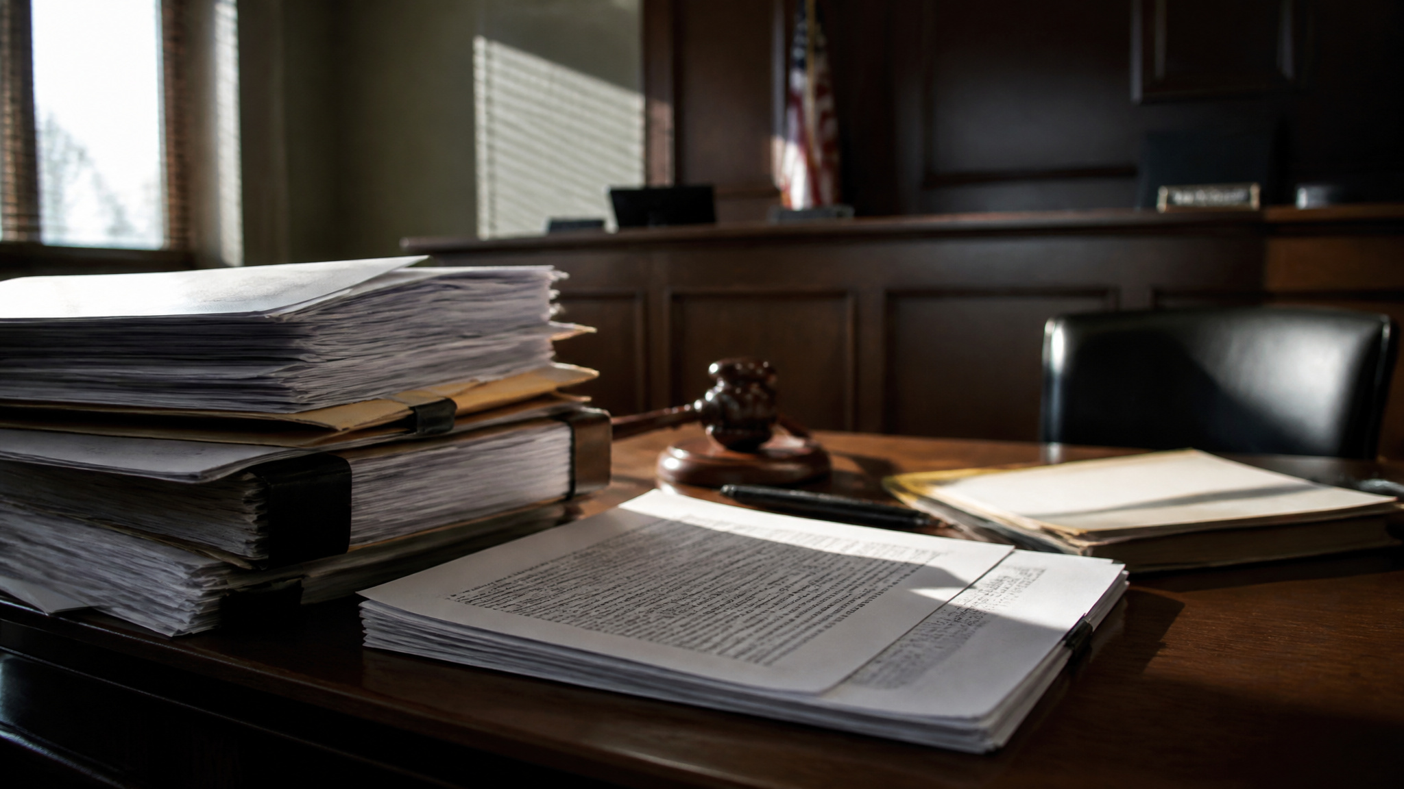 Who Is a Famous White Hat Hacker? Kevin Mitnick, From FBI Most Wanted to Chief Hacking Officer 4 Office desk with stacks of papers, legal documents, and a gavel, indicating a legal or judicial setting.