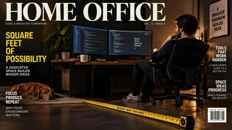 Person working at home office with dual monitors, a dog lying on the floor, and a measuring tape indicating space.