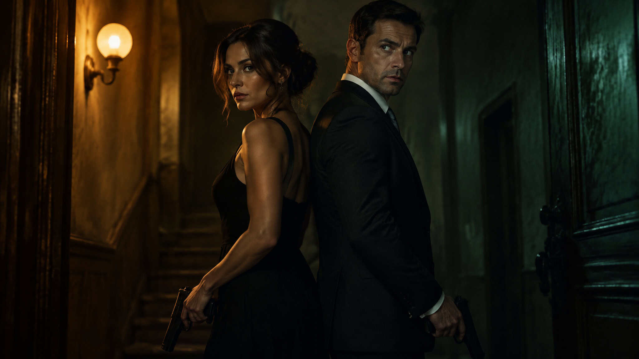 A woman and a man stand in a dimly lit, vintage hallway, both holding guns, with serious expressions, suggesting a tense or dramatic moment.