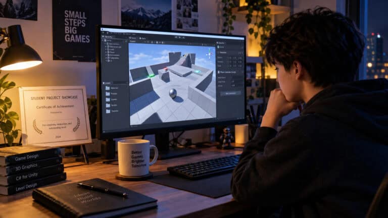 Young man designing a 3D game environment on a computer screen in a modern workspace with gaming and tech-themed decor.