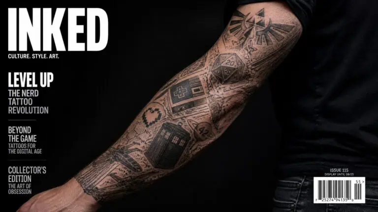 Close-up of a tattooed arm featuring various geometric and digital-inspired designs, showcasing modern tattoo art and digital culture.