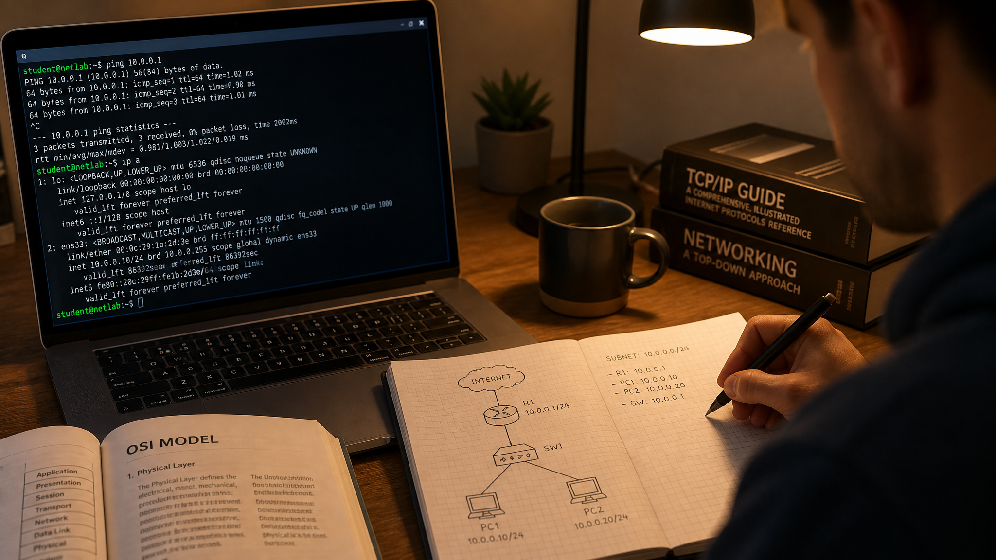Person working on network configuration and coding at a desk with a laptop, notebooks, and networking books, focusing on cybersecurity and IT networking.