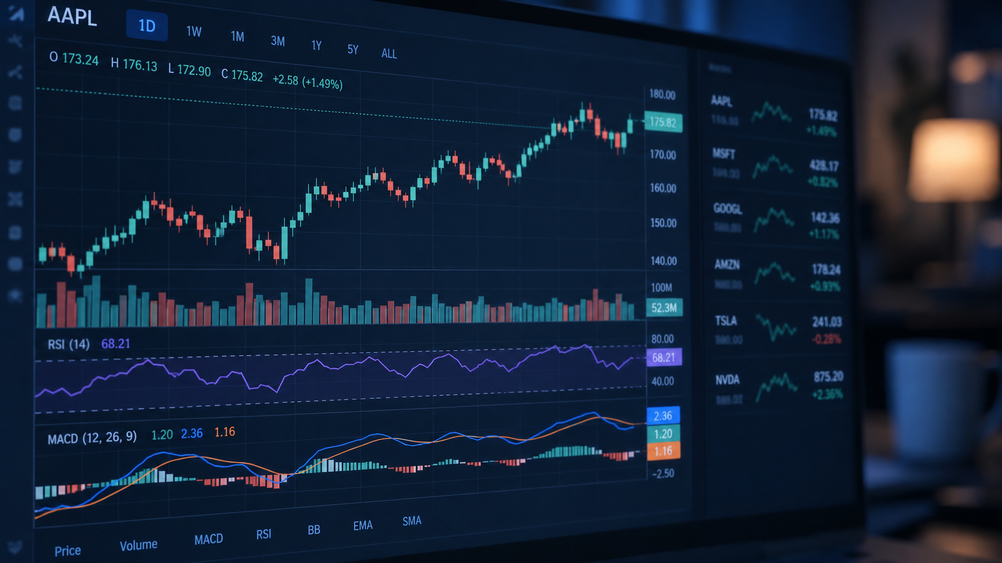 NVDA Stock Chart Explained: RSI, MACD, and the Signals That Shifted in Six Weeks 2 NVDA candlestick chart with volume bars and layered technical indicator panels on the dashboard
