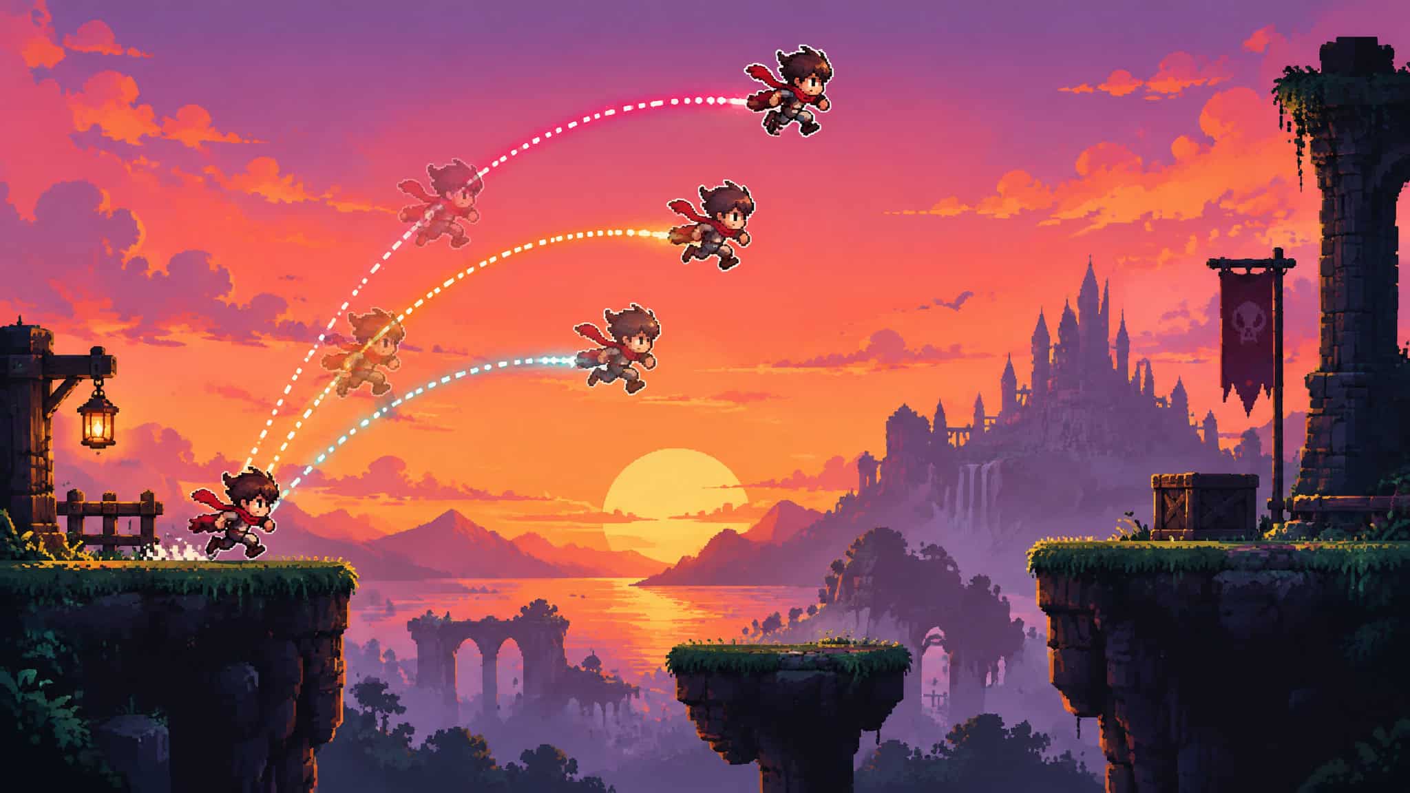 A pixel art scene of a character jumping across platforms in a fantasy landscape at sunset, with castles and mountains in the background.