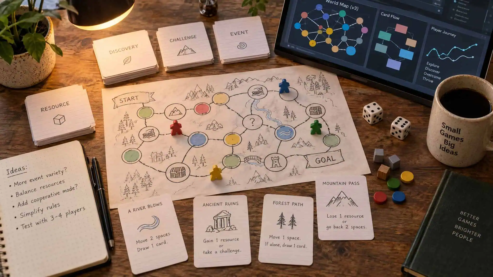 Game Mechanics Course Guide: What 923 Listings Taught Me About Finding the Real Ones 2 A strategic board game setup with colorful game pieces, dice, and notes on a wooden table, featuring a digital tablet displaying data charts and a coffee mug.