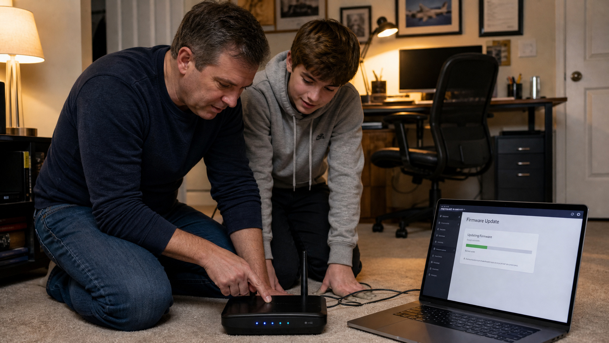 Parent and teen hardening a home WiFi router together, building a security pipeline instead of policing screen time