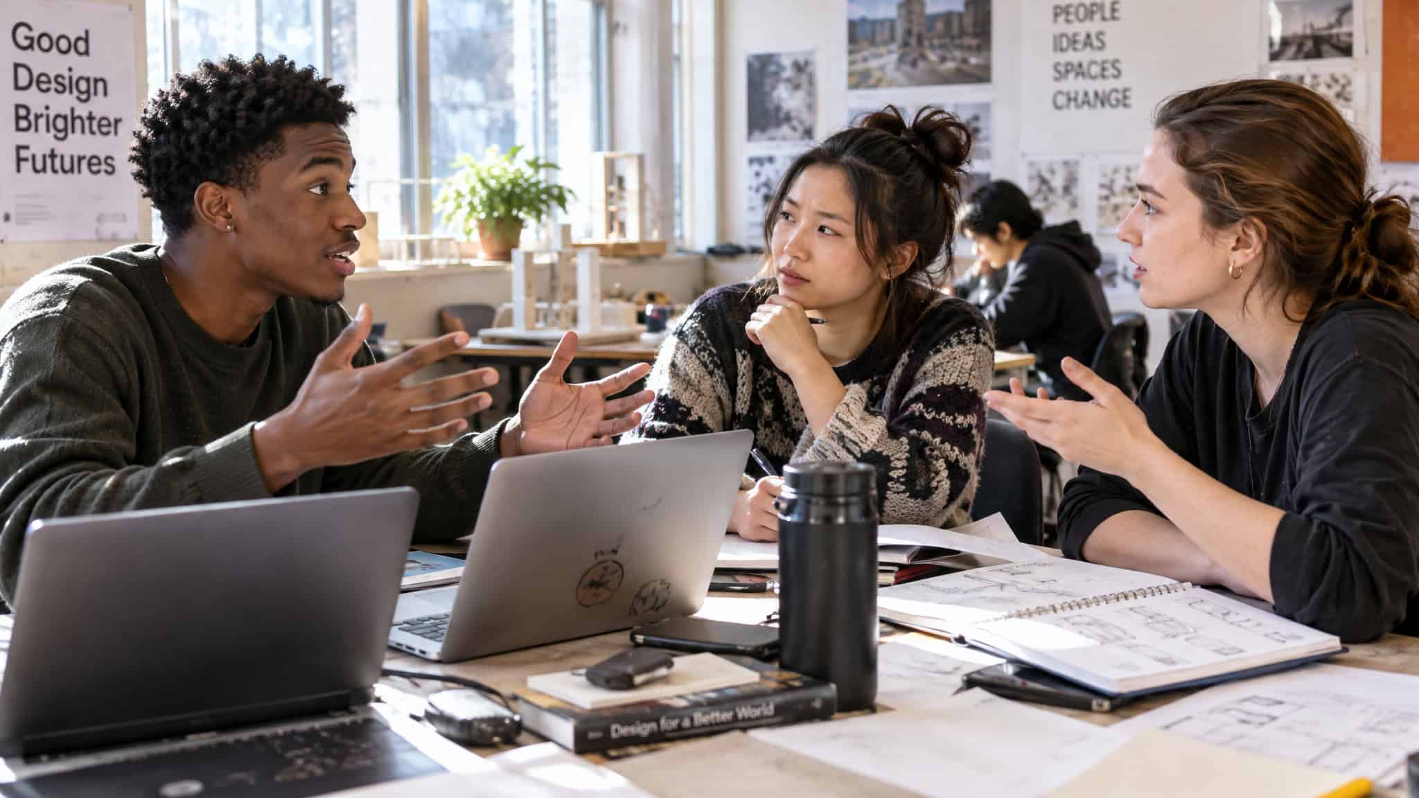 What Does Outsourcing Thinking Mean for Learning and Education? The 48%-Correct, 17%-Worse Paradox Explained 4 Students debating and creating together, illustrating creativity, confidence, and the social side of AI in learning