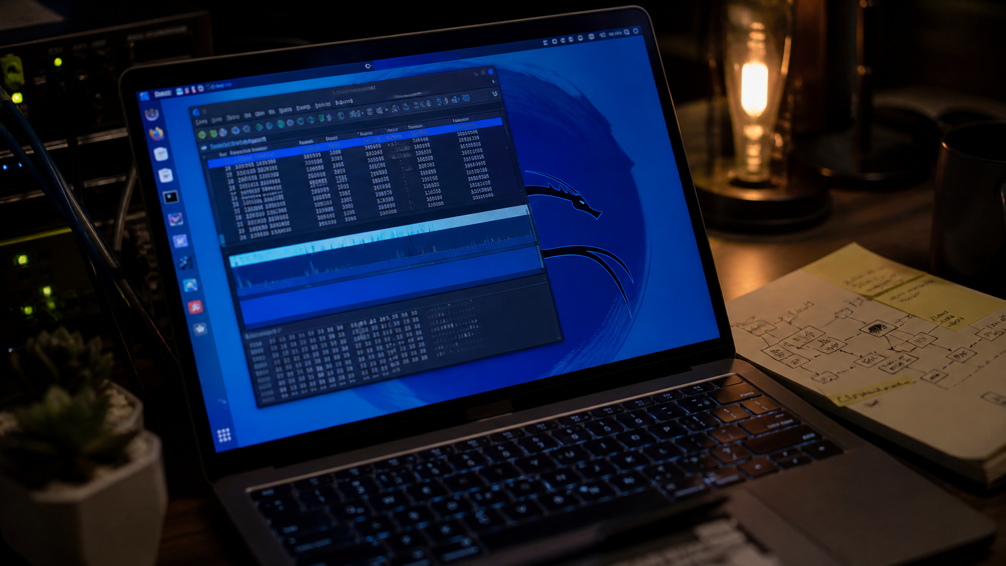 Laptop displaying data analysis software with multiple data tables and charts, placed on a desk with a notebook and warm lighting in the background.