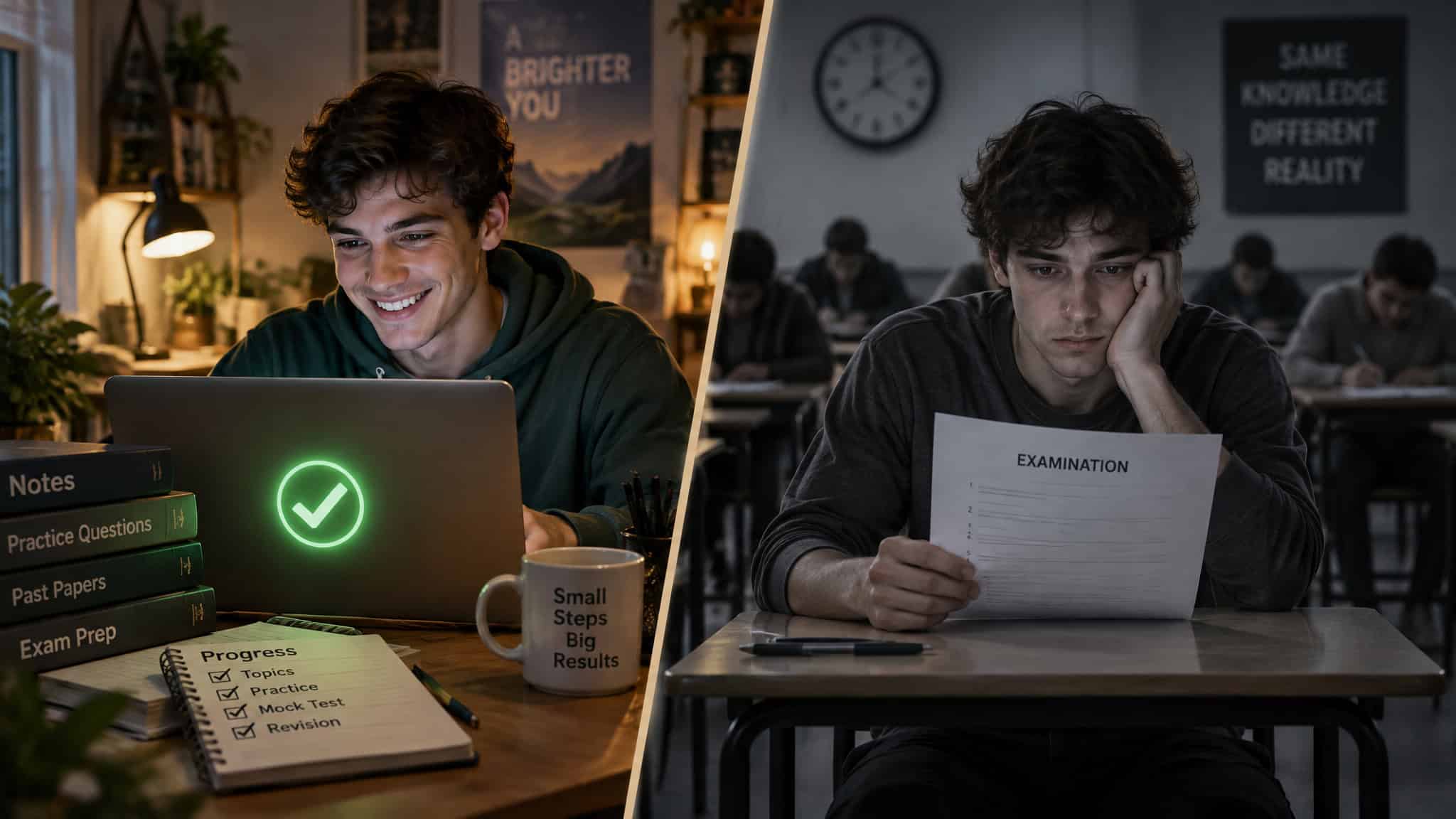 What Does Outsourcing Thinking Mean for Learning and Education? The 48%-Correct, 17%-Worse Paradox Explained 3 Student succeeding at AI-assisted practice but failing an exam, showing the performance paradox in learning