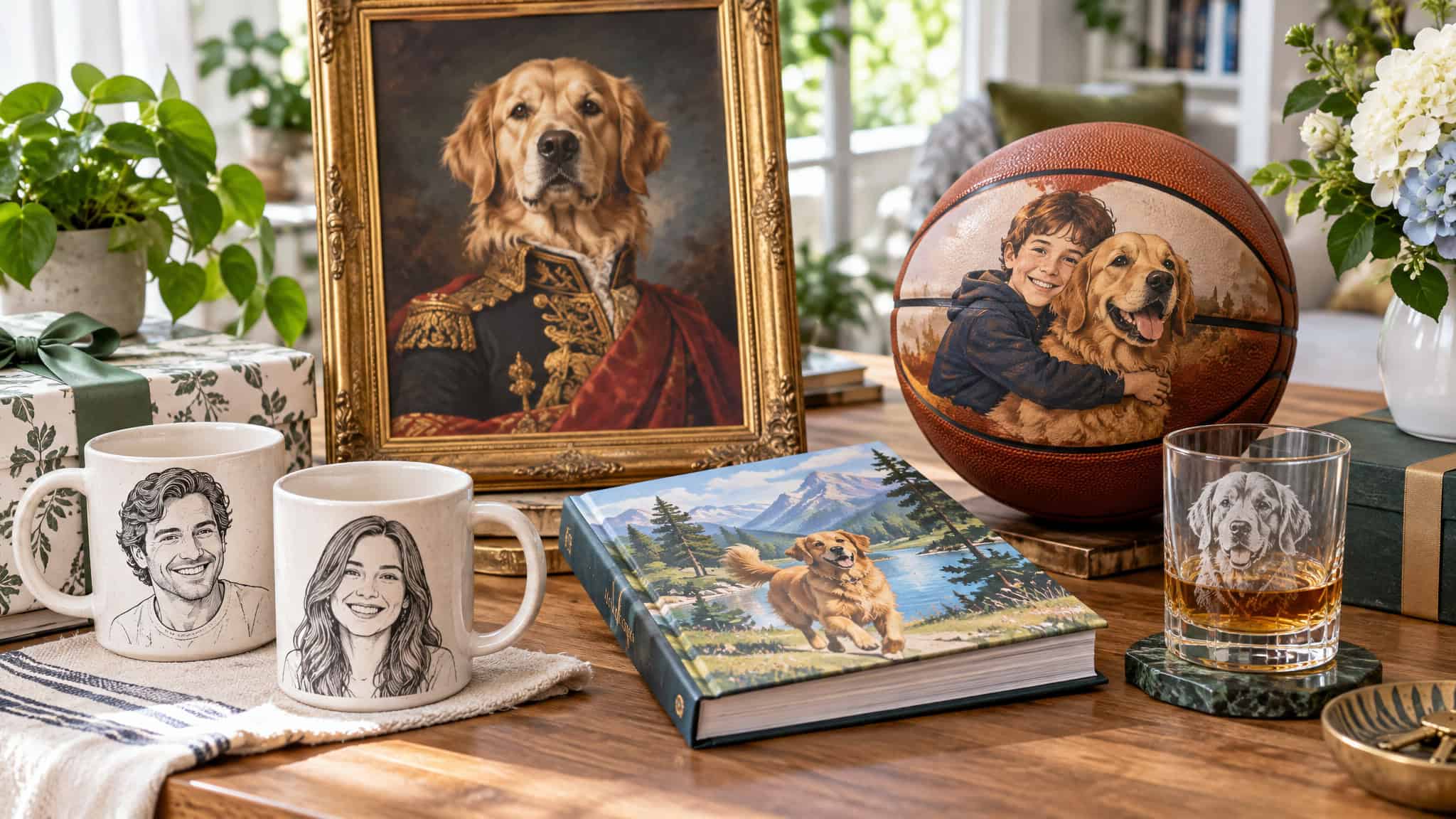 Personalized in-character gift alternatives: pet portrait, custom mugs, story book, and engraved glass