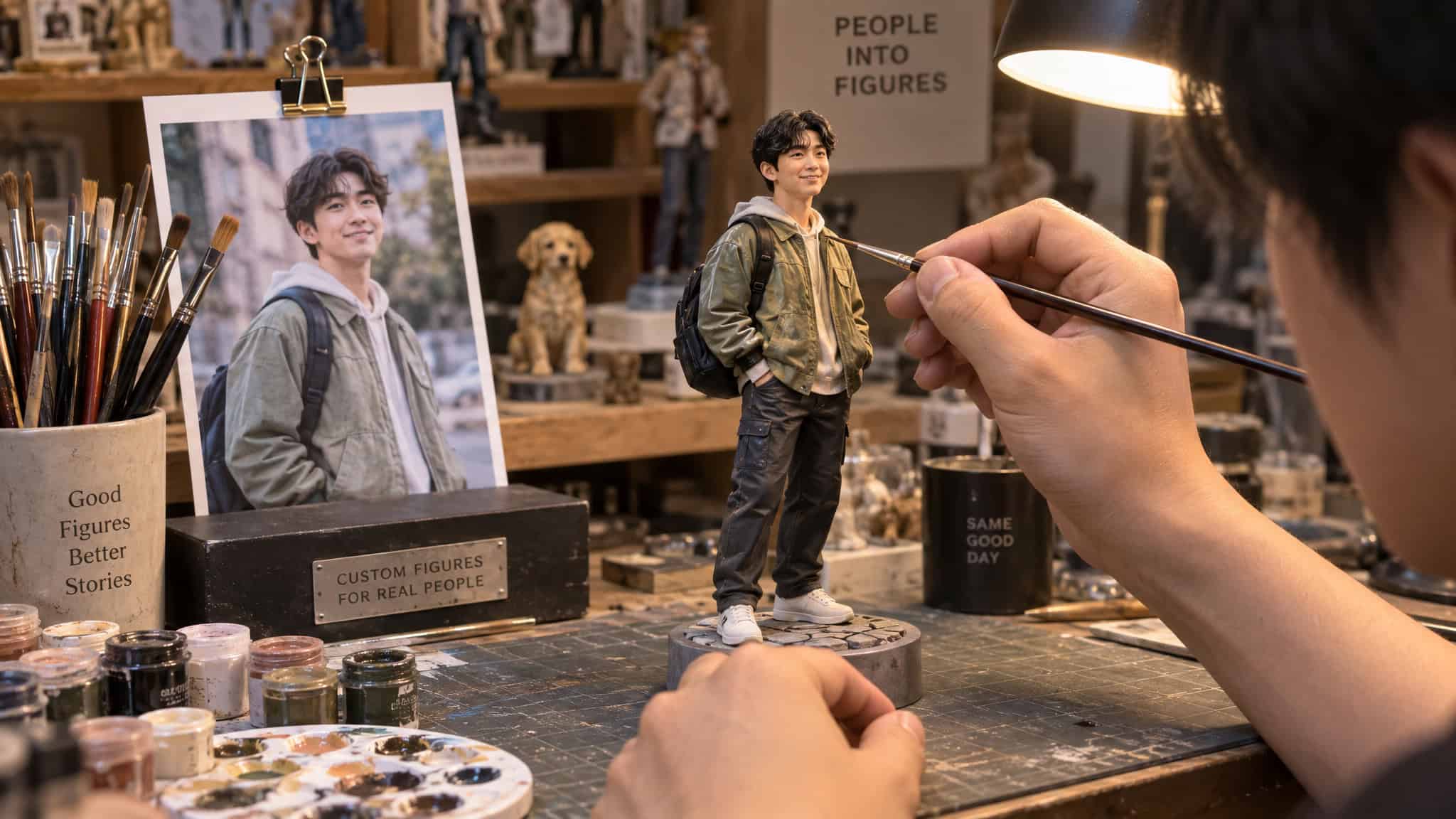 Photo-based custom figure maker hand-painting a resin sculpture built from a customer's picture