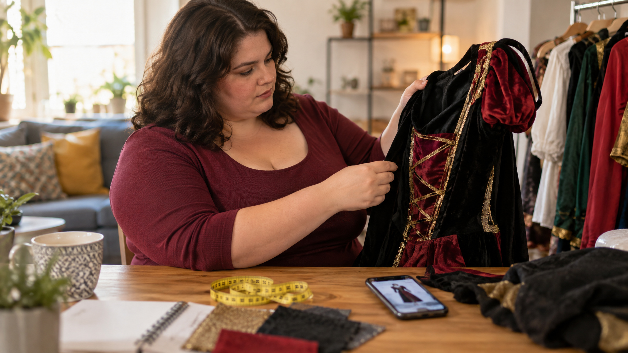 Checking plus-size cosplay measurements, fabric, and delivery before ordering