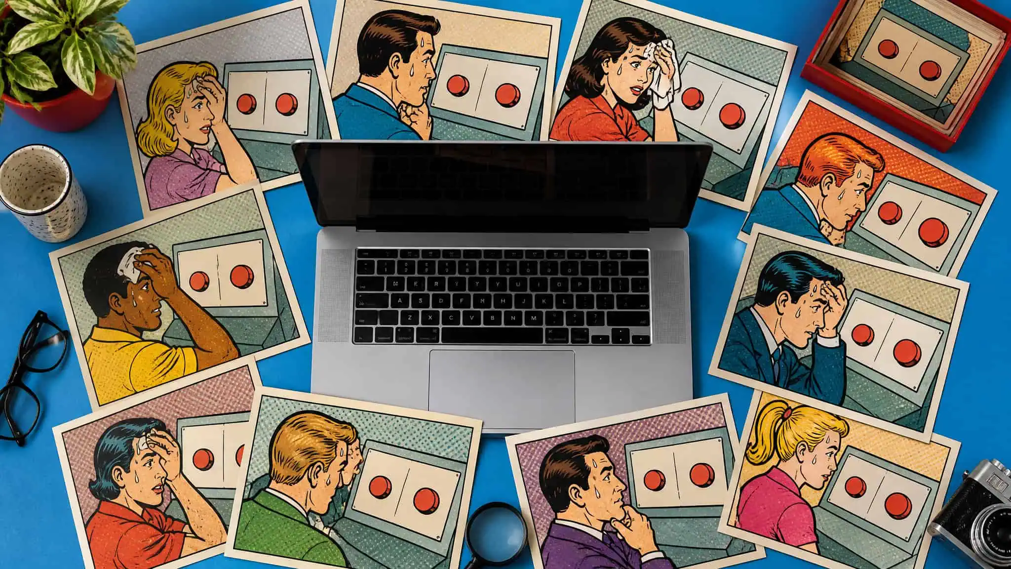 Pop-art two-buttons panicked figure meme family from the laptop snap format field guide