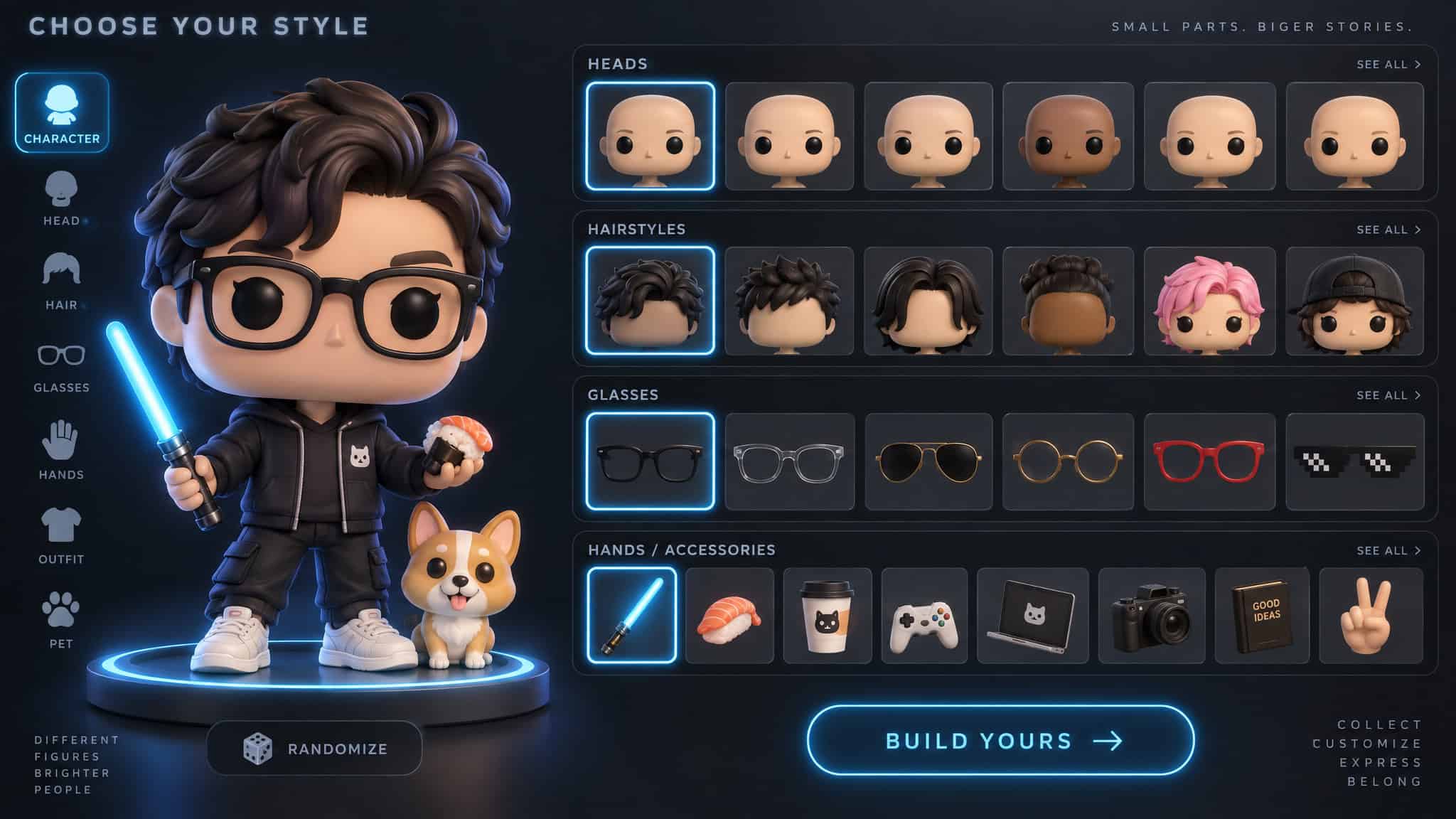 Pop Yourself character builder parts library showing hair, glasses, and accessory options