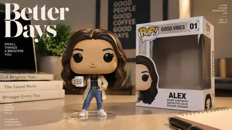 GeekExtreme Alex Funko Pop collectible figure standing on a desk with a box and books in the background, emphasizing pop culture collectibles.