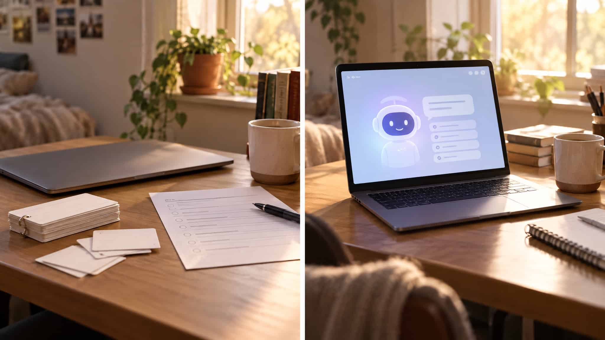 Are We Outsourcing Our Thinking to AI? What the Research Actually Shows 2 Student quizzing themselves with flashcards before opening an AI tool, showing sequencing for memory retention