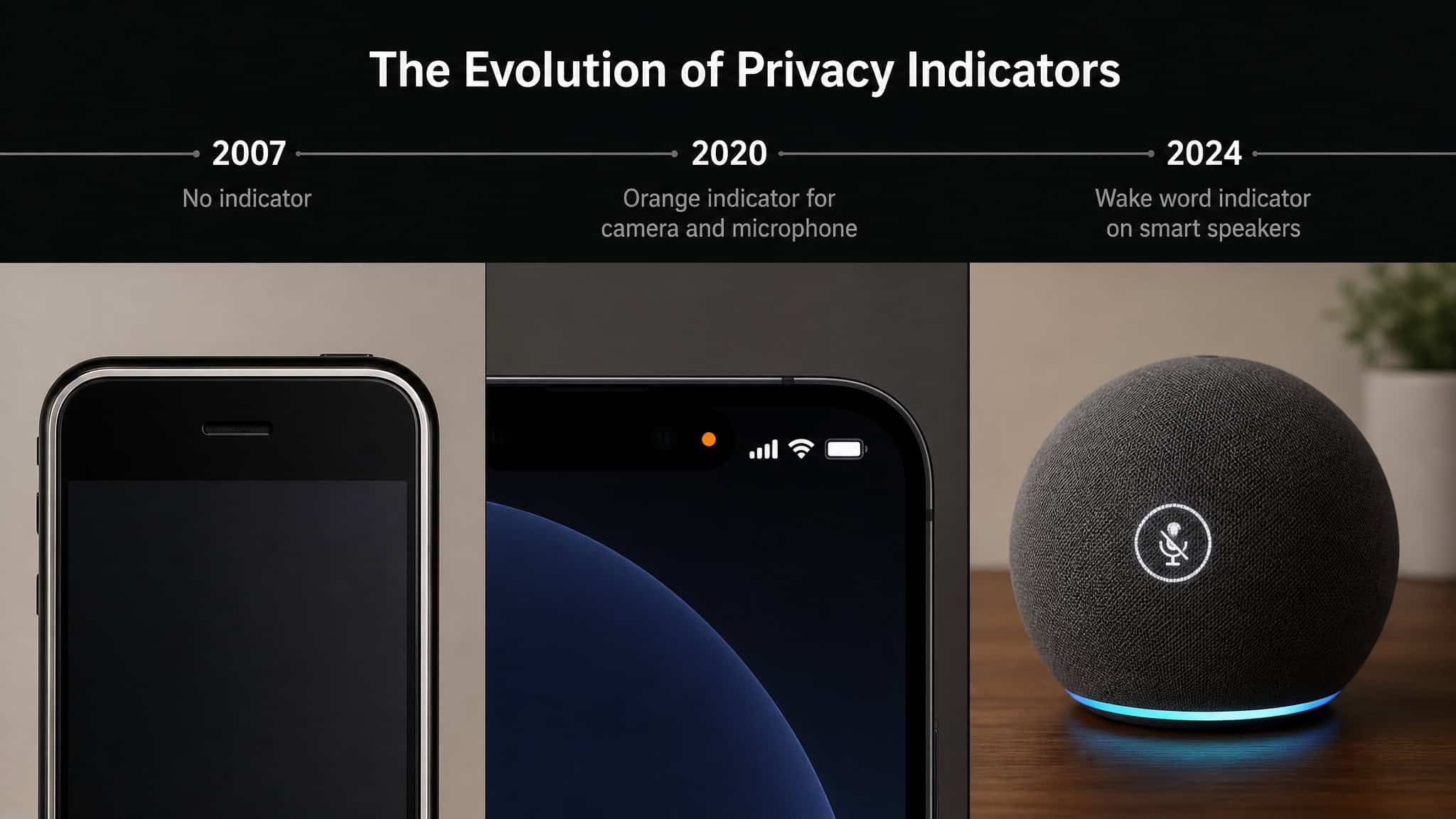 How Phone Microphone Access Works: The Wake-Word Truth 4 Timeline showing evolution of privacy indicators from old phone to modern phone with orange dot to smart speaker.