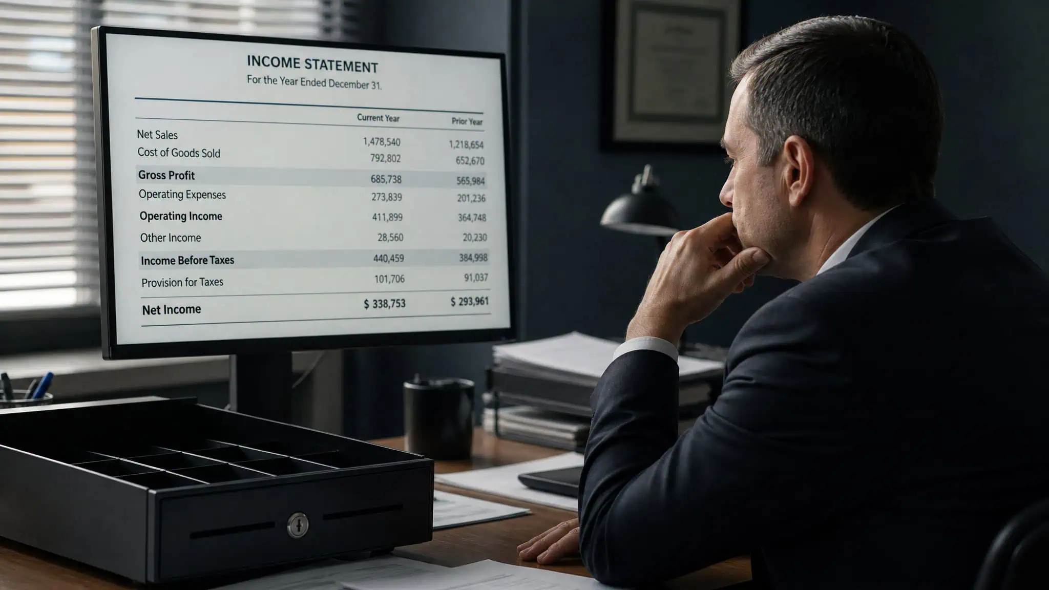 CFO reviewing a profitable income statement while cash reserves run empty, illustrating the timing gap problem