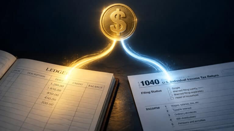 Digital illustration of a ledger and a tax form with glowing dollar sign connecting them, symbolizing financial management and tax processes.