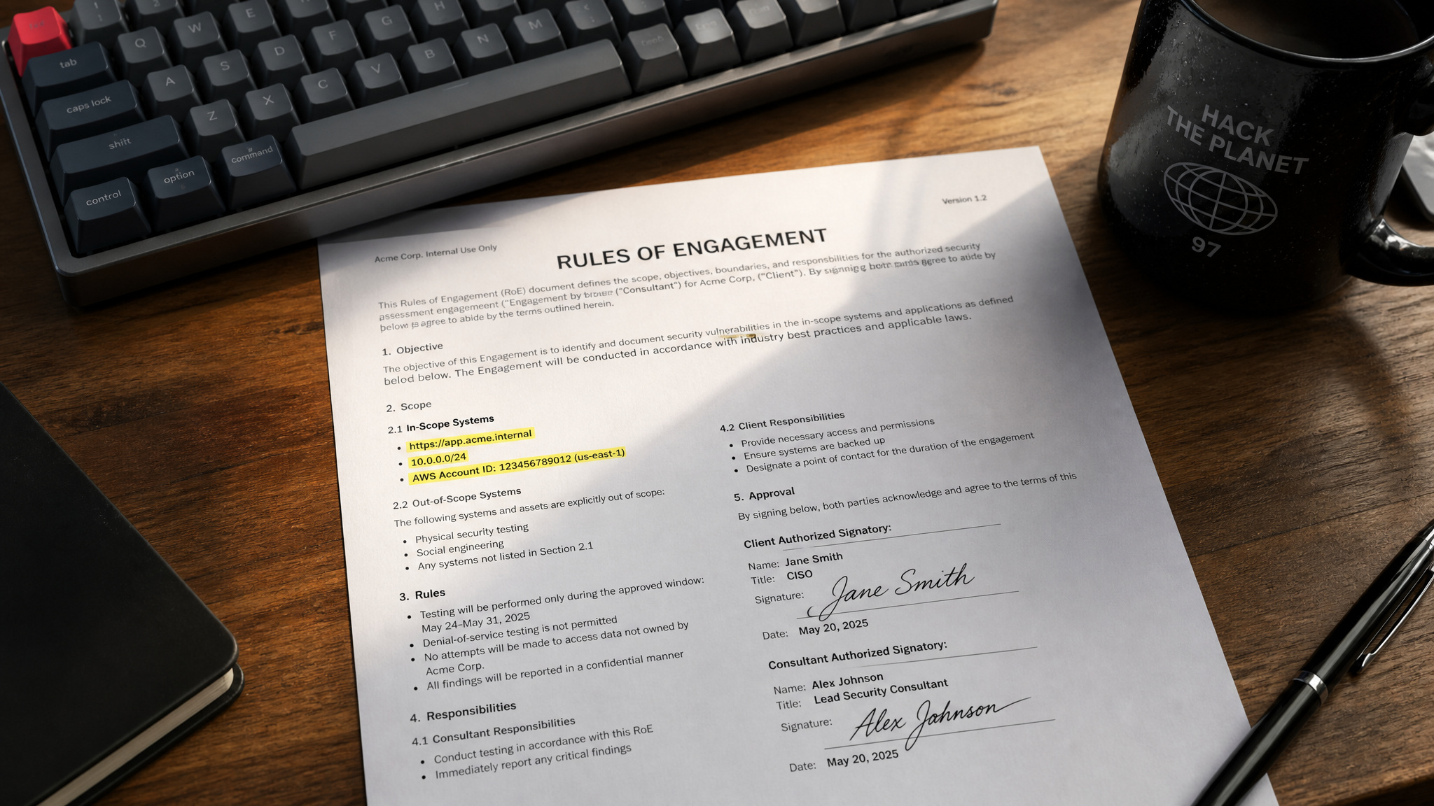 Signed rules-of-engagement document listing pentest scope, testing windows, and approver