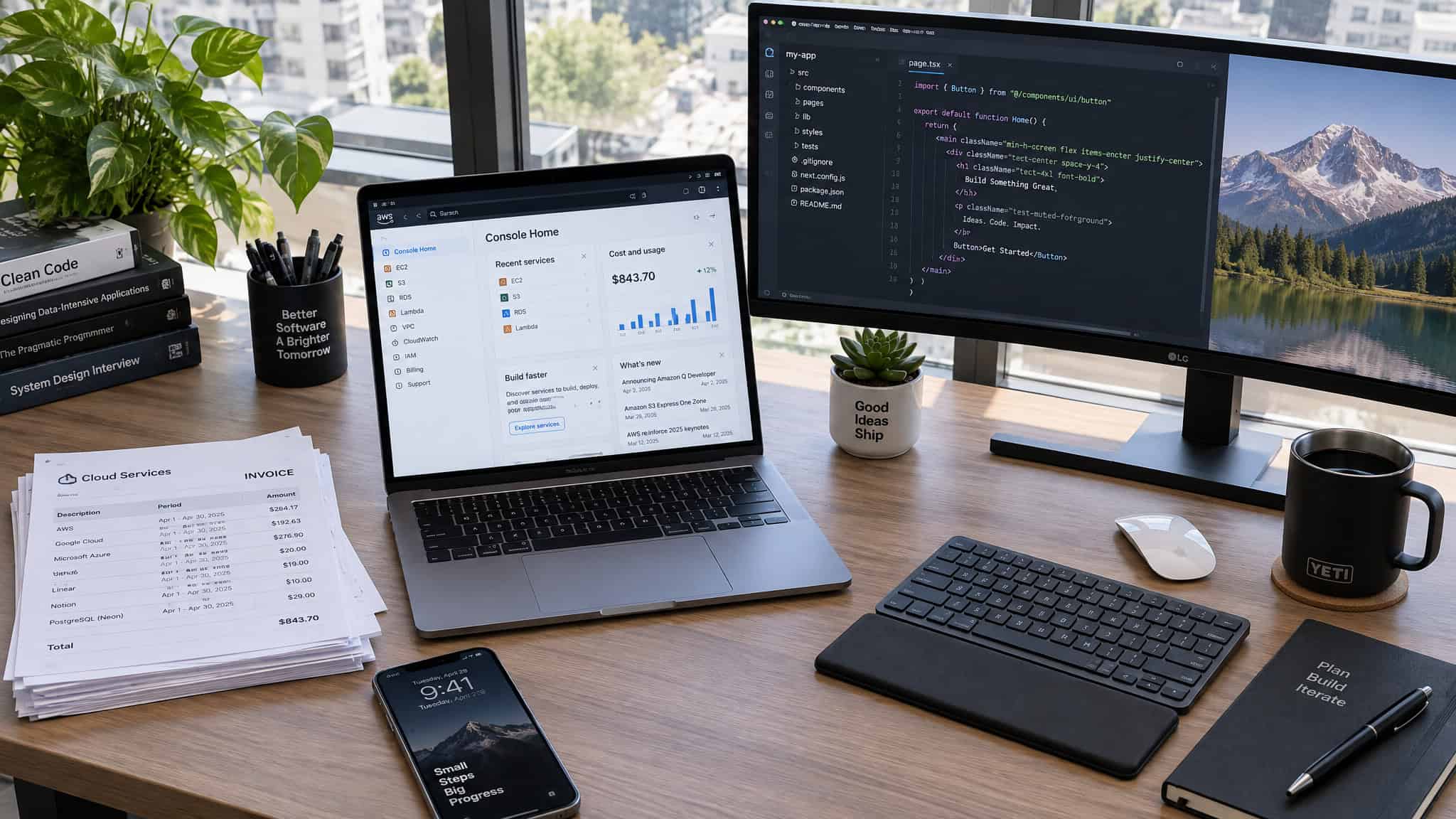 Deductible SaaS subscriptions, cloud bills, and Section 179 equipment on a freelance developer's desk