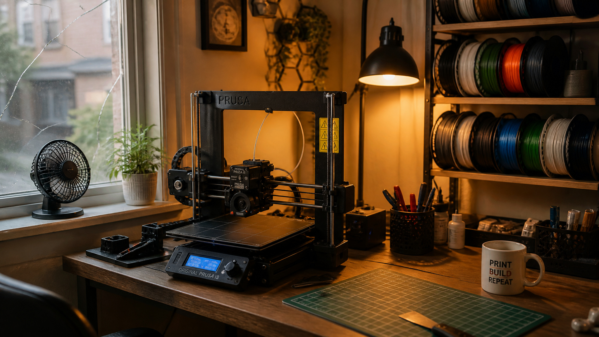 How to Start 3D Printing at Home: Ender 3 vs. Bambu A1 Mini, Real Costs, and What to Print First 3 Ventilated home 3D printing workspace with stable desk, fan, and organized filament storage