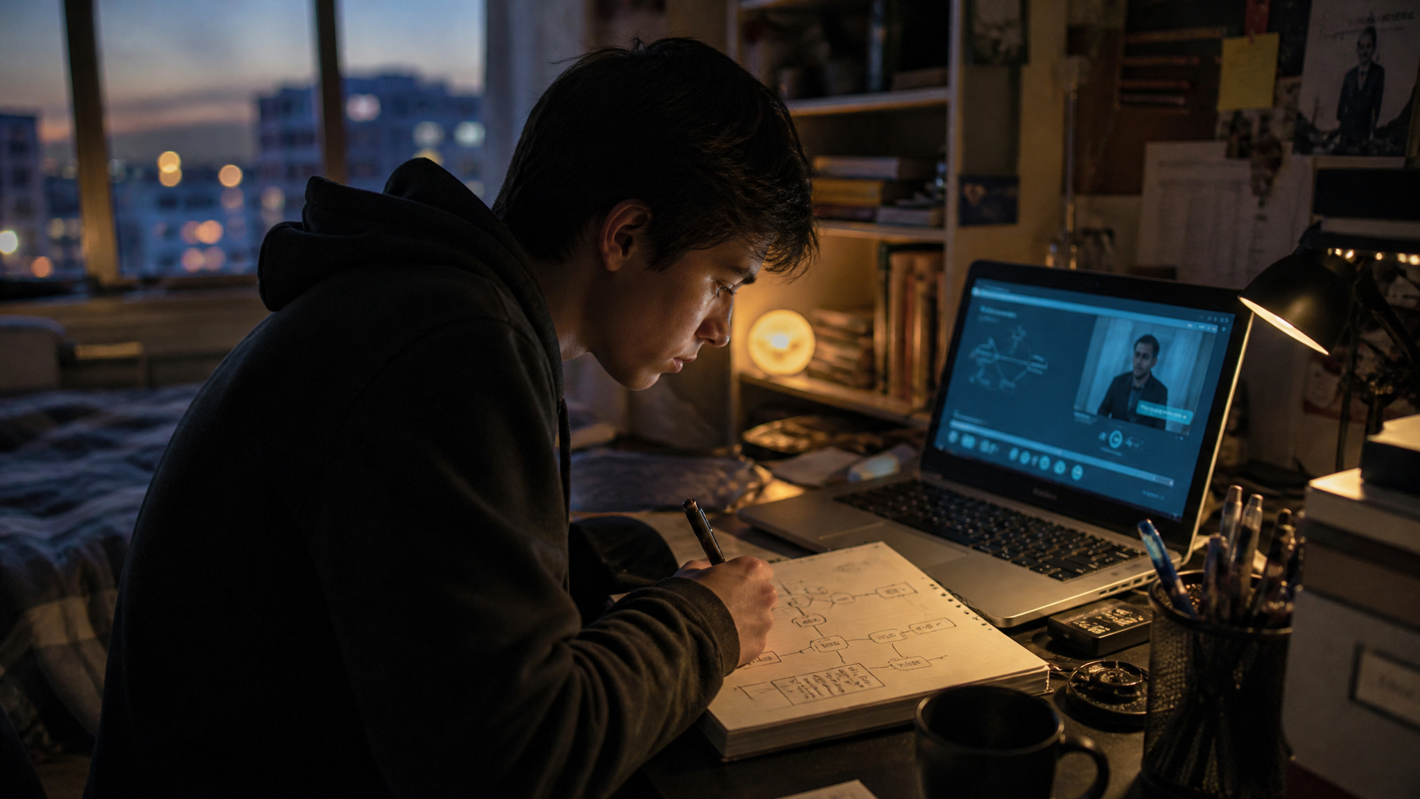 Young man working on a tech project at night in a cozy, well-lit room with a laptop, sketches, and technical drawings.