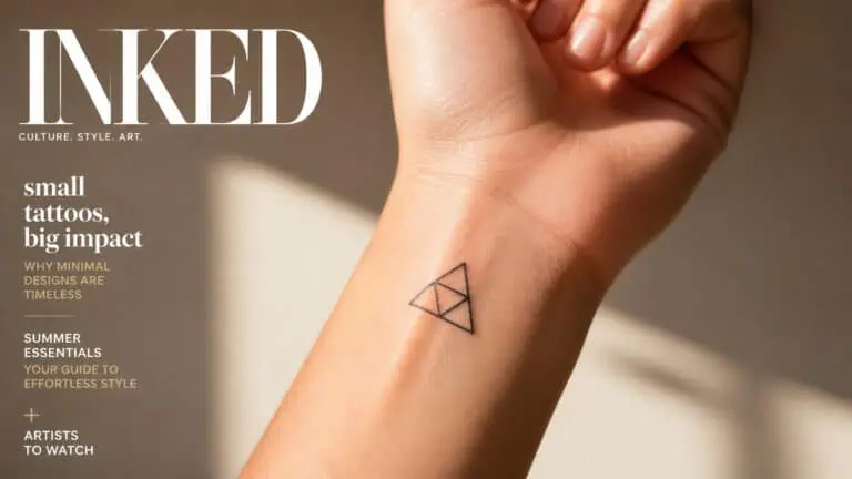 Close-up of a small, minimalist triangle tattoo on a person's wrist, emphasizing simple geometric ink art.