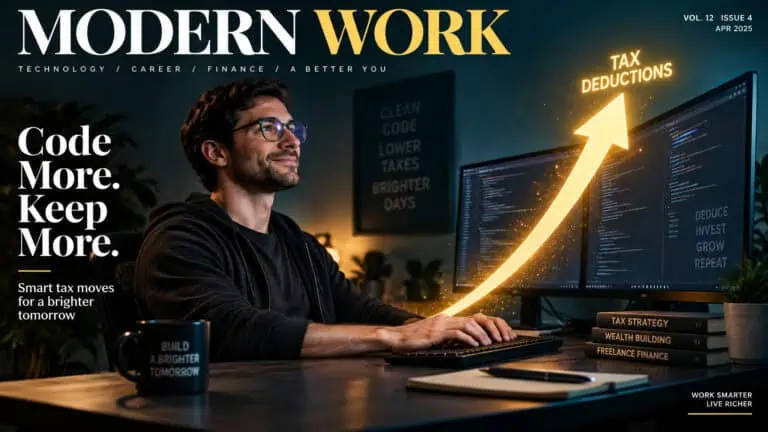 A man working on a computer with multiple screens displaying code and financial data, with an upward arrow indicating tax deductions and financial growth.