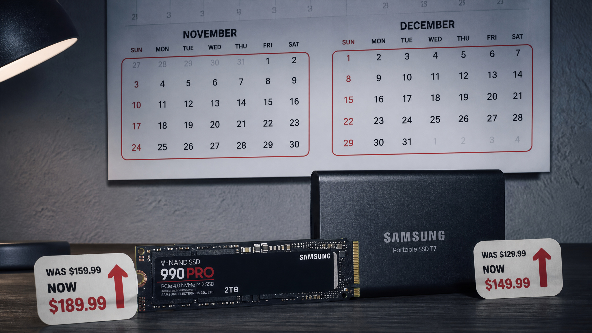 How to Budget for Expensive Tech: The 5-Gate System 4 Storage SSD beside a sale calendar illustrating why waiting for deals can raise SSD prices now