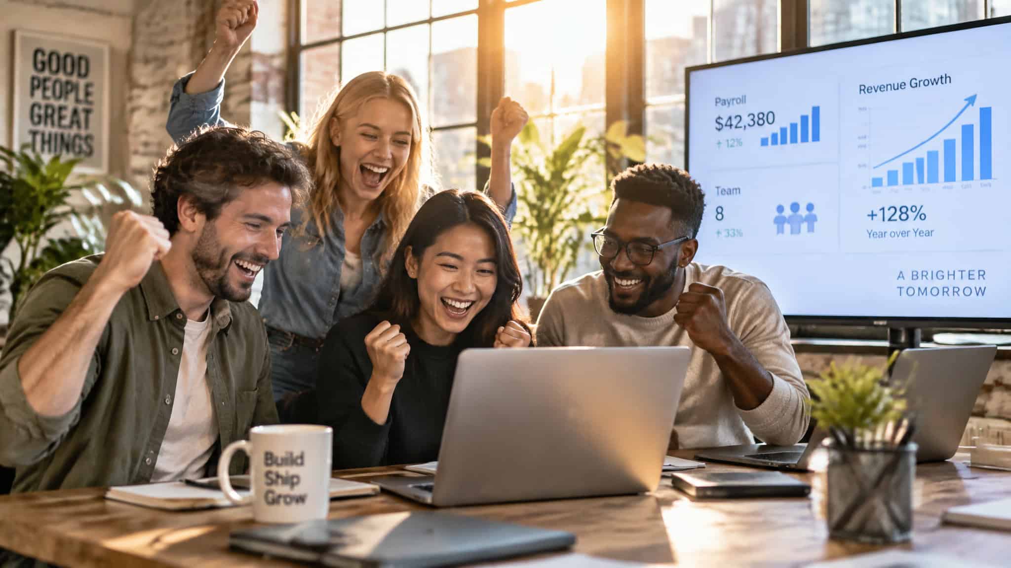 Group of diverse young professionals celebrating a successful project in a modern office with laptops and a large screen displaying growth charts.