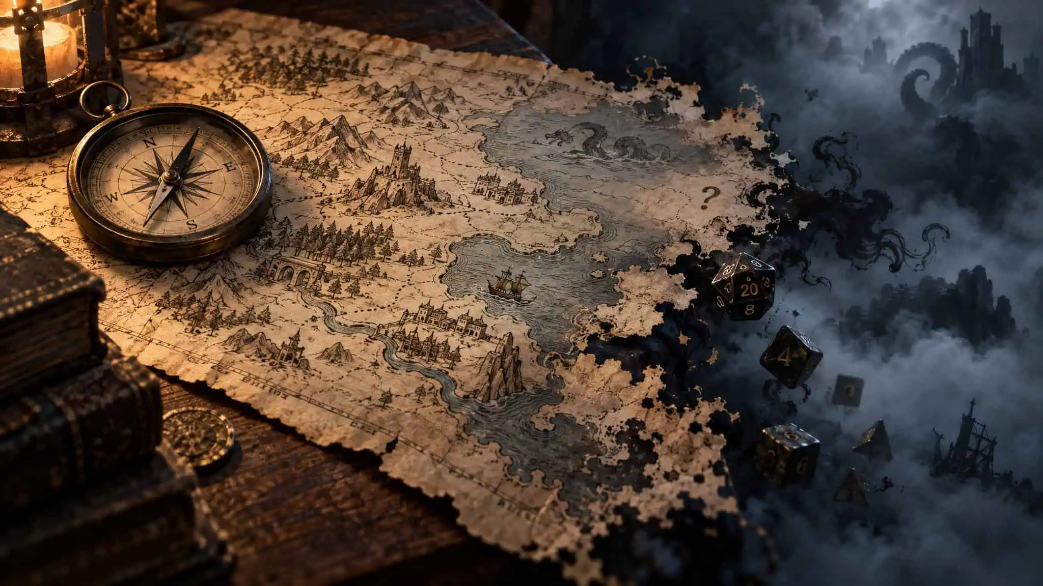 Game Mechanics: Why No One Can Agree on a Definition (Chess to Hades II) 4 Detailed fantasy map featuring a compass, dice, and a mysterious landscape with dark clouds and swirling smoke, perfect for tabletop role-playing games.