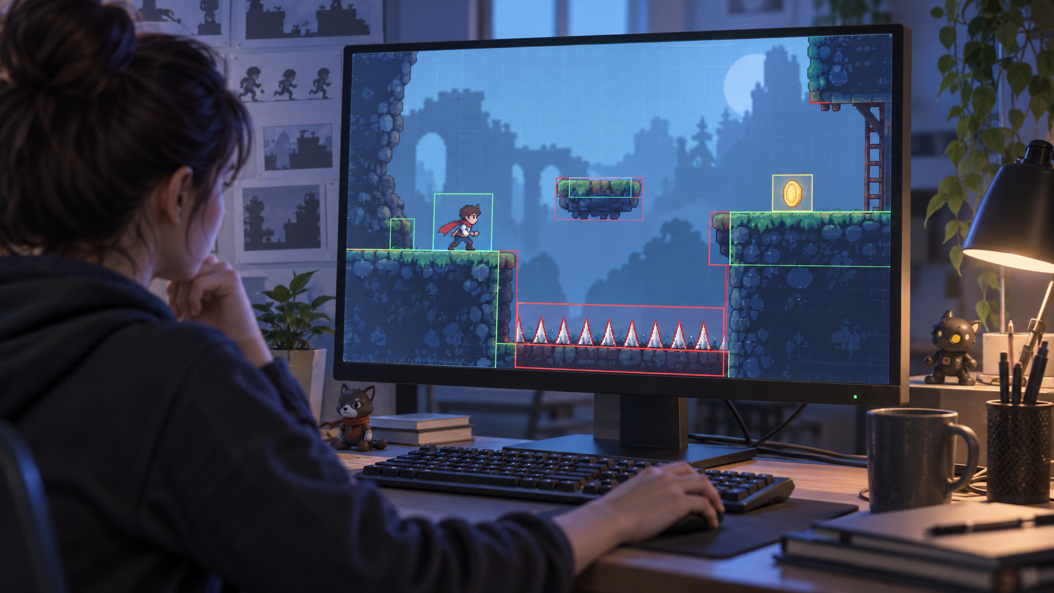 Testing first game levels and collision behavior in debug mode