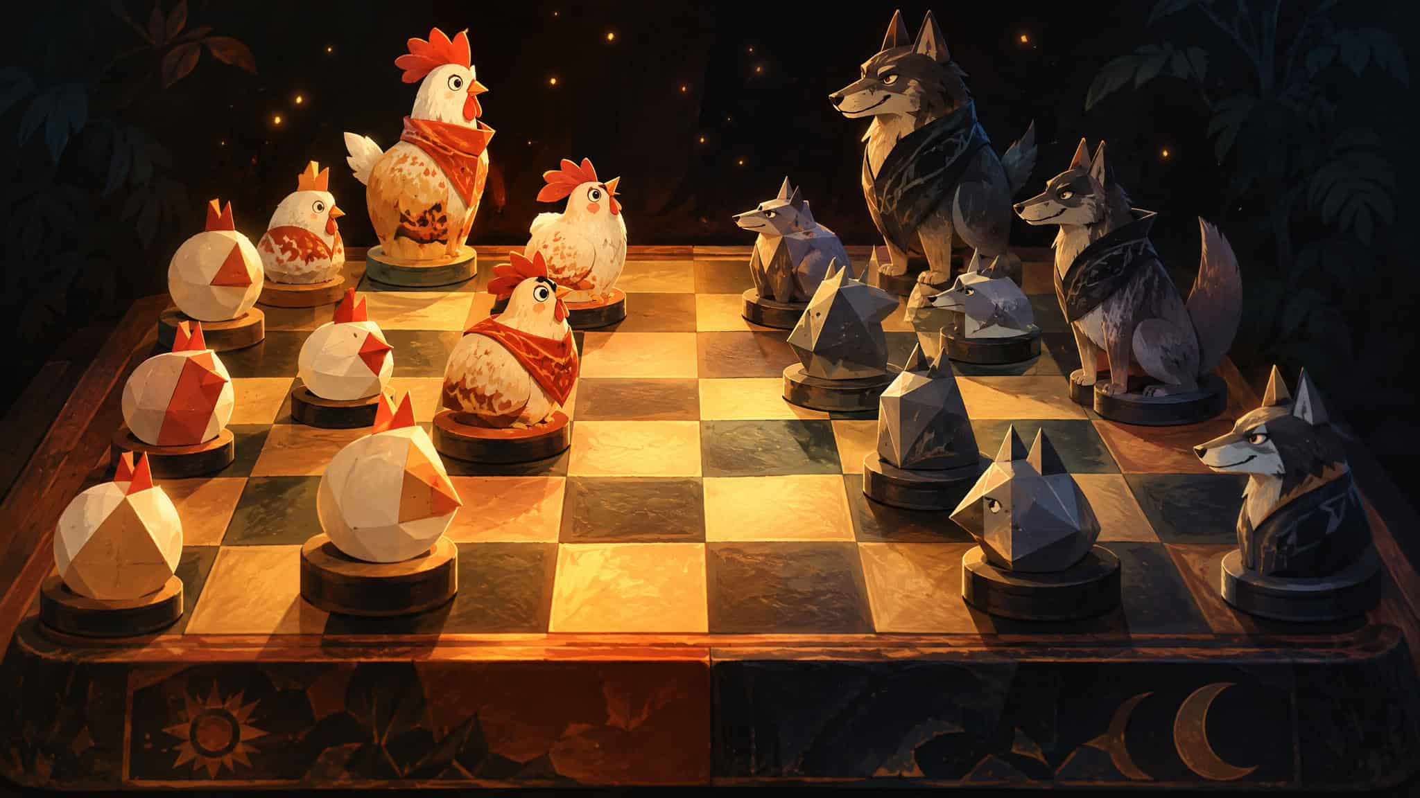 Decorative wooden chess set featuring intricately carved animal-themed pieces, including chickens and wolves, on a chessboard with a dark, mystical background.