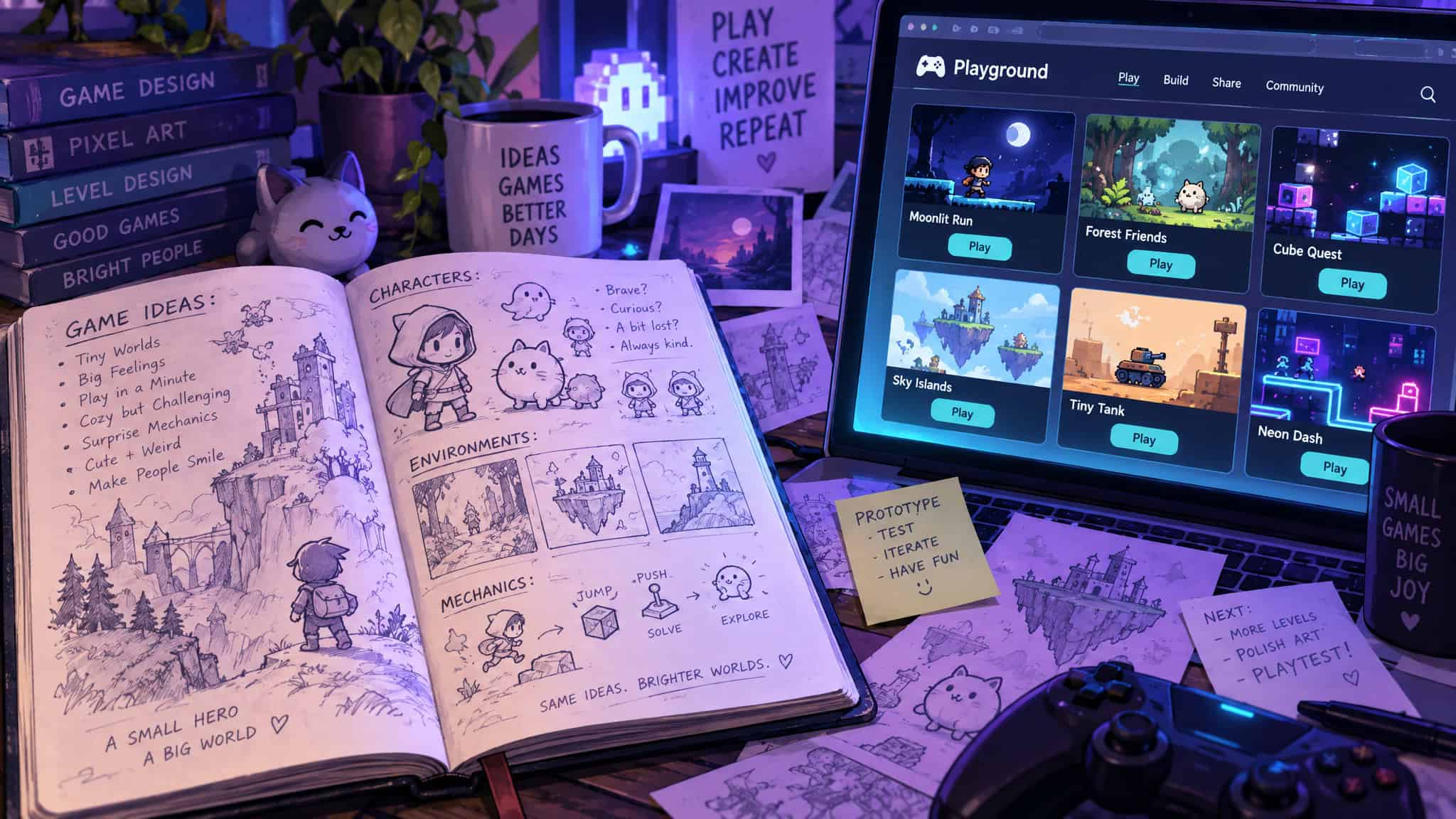 Sean Howard's Three Hundred Mechanics idea journal alongside playable HTML5 prototype games