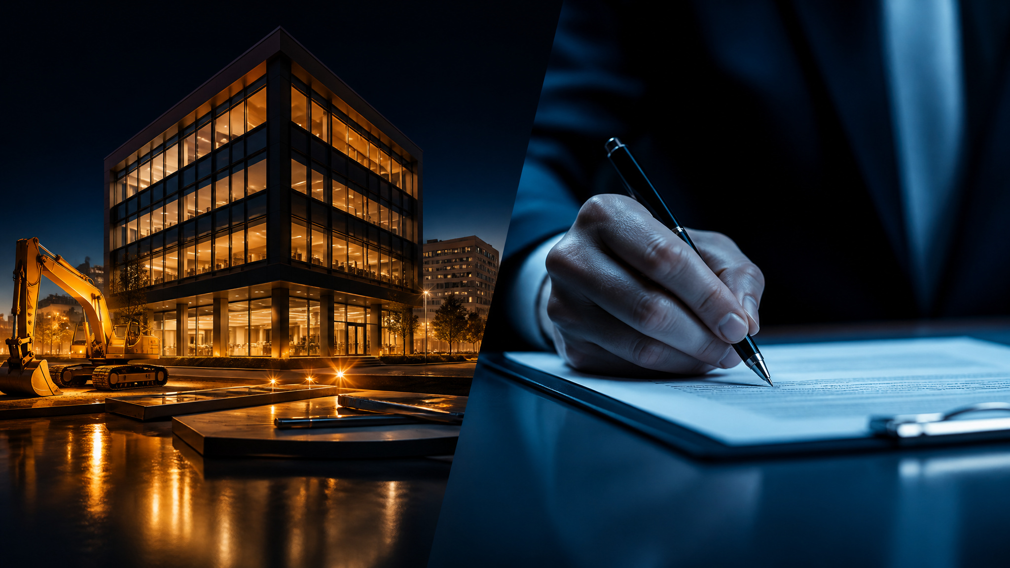 A modern glass office building illuminated at night with construction equipment nearby, showcasing urban development and architecture.