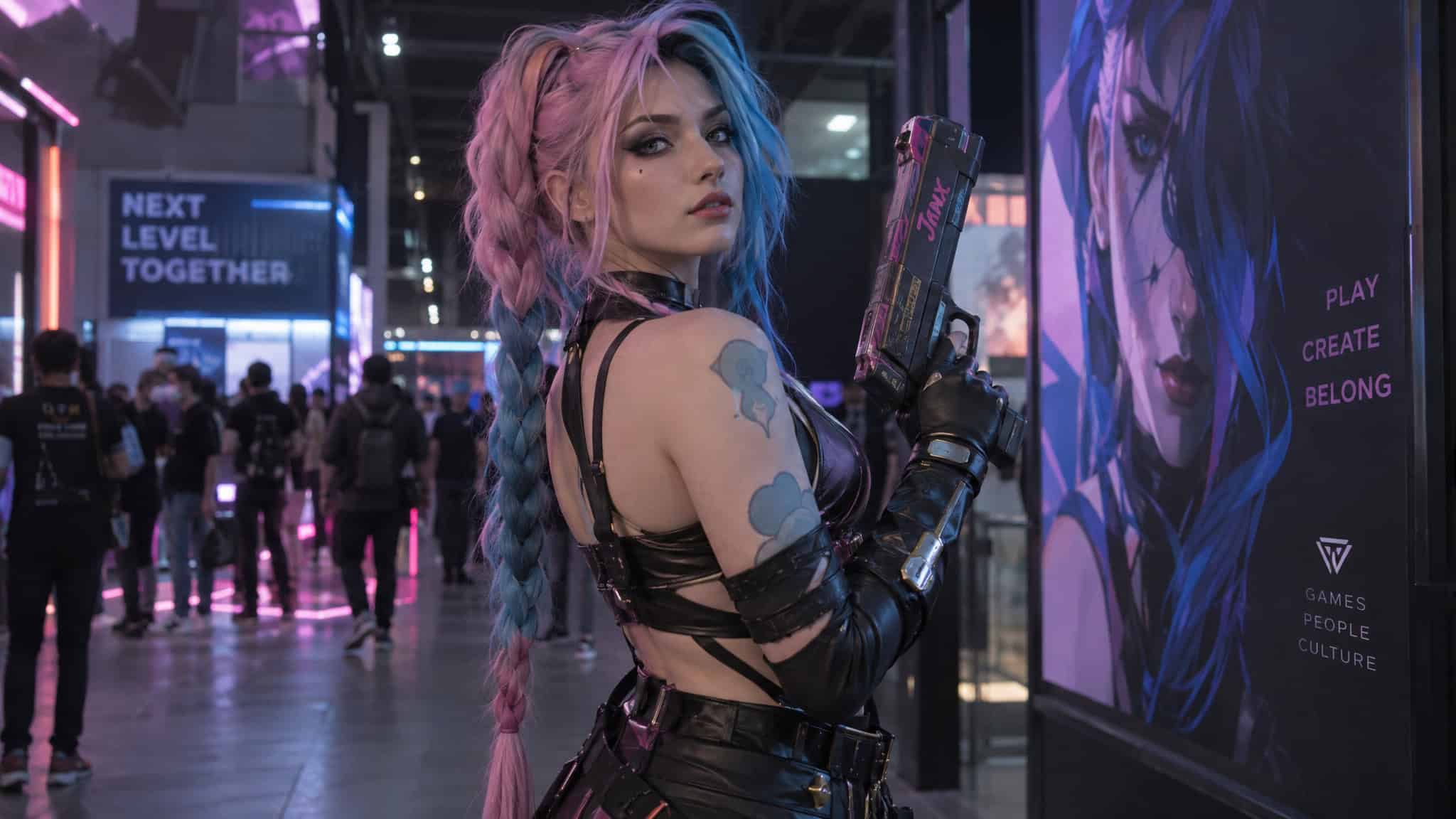 Video game cosplay for women featuring a cyberpunk character with signature wig and prop