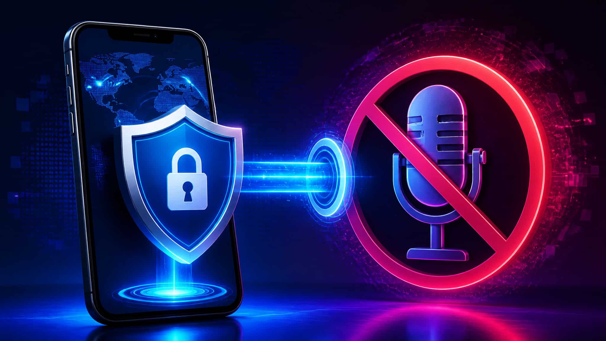 Smartphone with VPN shield and crossed-out microphone illustrating complementary privacy tools