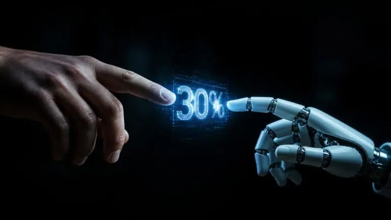 Human finger and robotic hand interacting with a digital 30% discount symbol in a high-tech setting.