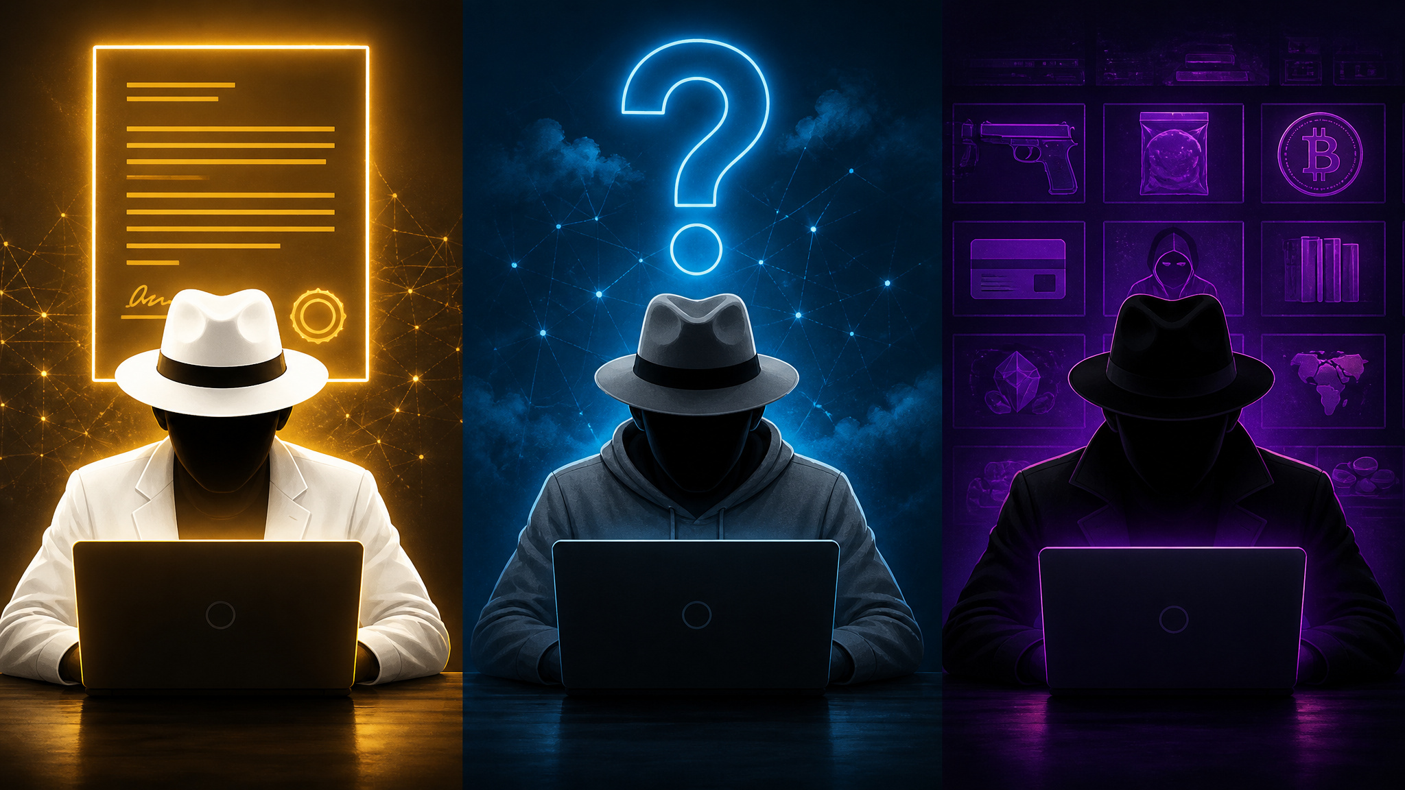 Grey Hat Hacker vs White Hat vs Black Hat: What Each Hat Actually Pays 3 Side-by-side comparison of white hat, grey hat, and black hat hackers and their legal boundaries