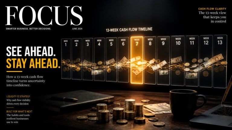 Financial planning and cash flow management with coins, a coffee mug, and a laptop, emphasizing strategic cash flow timeline for business success.